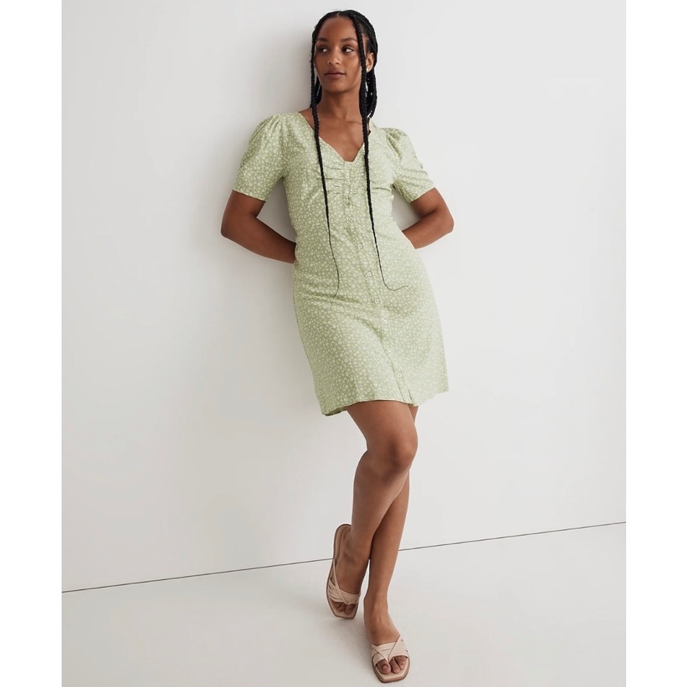 MADEWELL V-NECK BUTTON FRONT FLORAL MINI DRESS IN SEEDLING SIZE 6 NWT